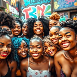 A captivating portrait of a diverse group of women showcasing their individuality, each displaying unique hairstyles, expressions, and fashion styles