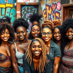 A captivating portrait of a diverse group of women showcasing their individuality, each displaying unique hairstyles, expressions, and fashion styles