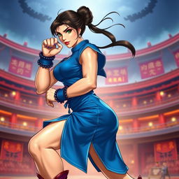 A dynamic and stylized depiction of Chun-Li from Street Fighter, showcasing her iconic blue qipao dress and spiked bracelets