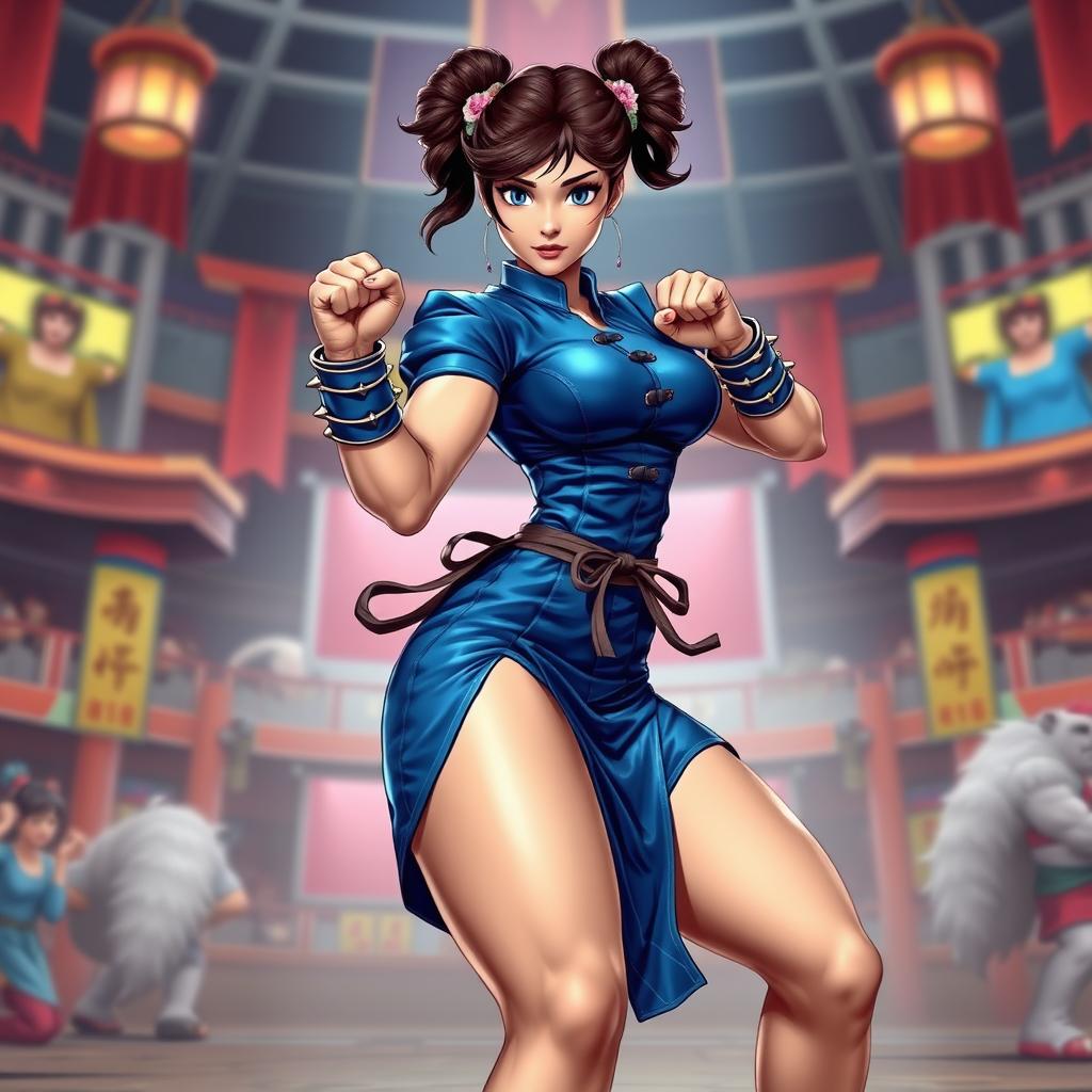 A dynamic and stylized depiction of Chun-Li from Street Fighter, showcasing her iconic blue qipao dress and spiked bracelets