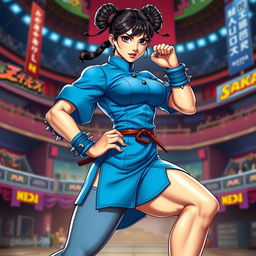 A dynamic and stylized depiction of Chun-Li from Street Fighter, showcasing her iconic blue qipao dress and spiked bracelets