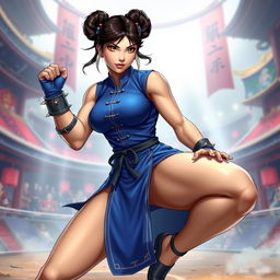A dynamic and stylized depiction of Chun-Li from Street Fighter, showcasing her iconic blue qipao dress and spiked bracelets