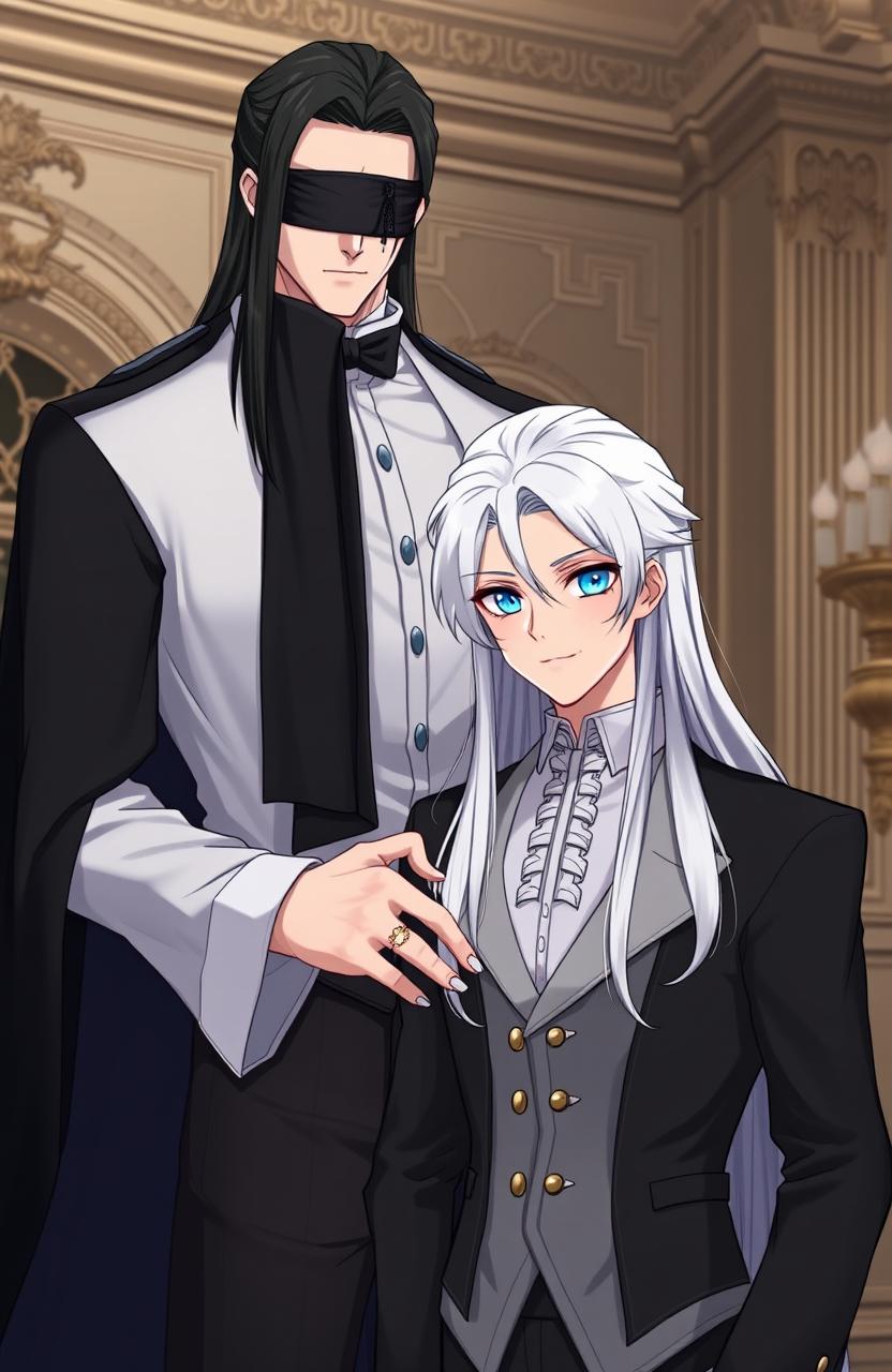 A tall, handsome butler with long black hair, his eyes covered by a black cloth, standing protectively beside a young master