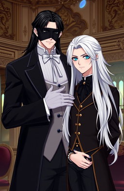 A tall, handsome butler with long black hair, his eyes covered by a black cloth, standing protectively beside a young master