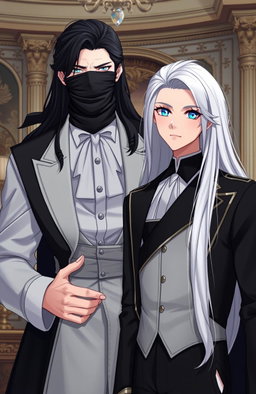 A tall, handsome butler with long black hair, his eyes covered by a black cloth, standing protectively beside a young master