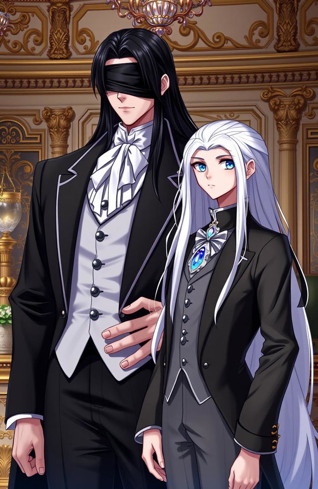 A tall, handsome butler with long black hair, his eyes covered by a black cloth, standing protectively beside a young master