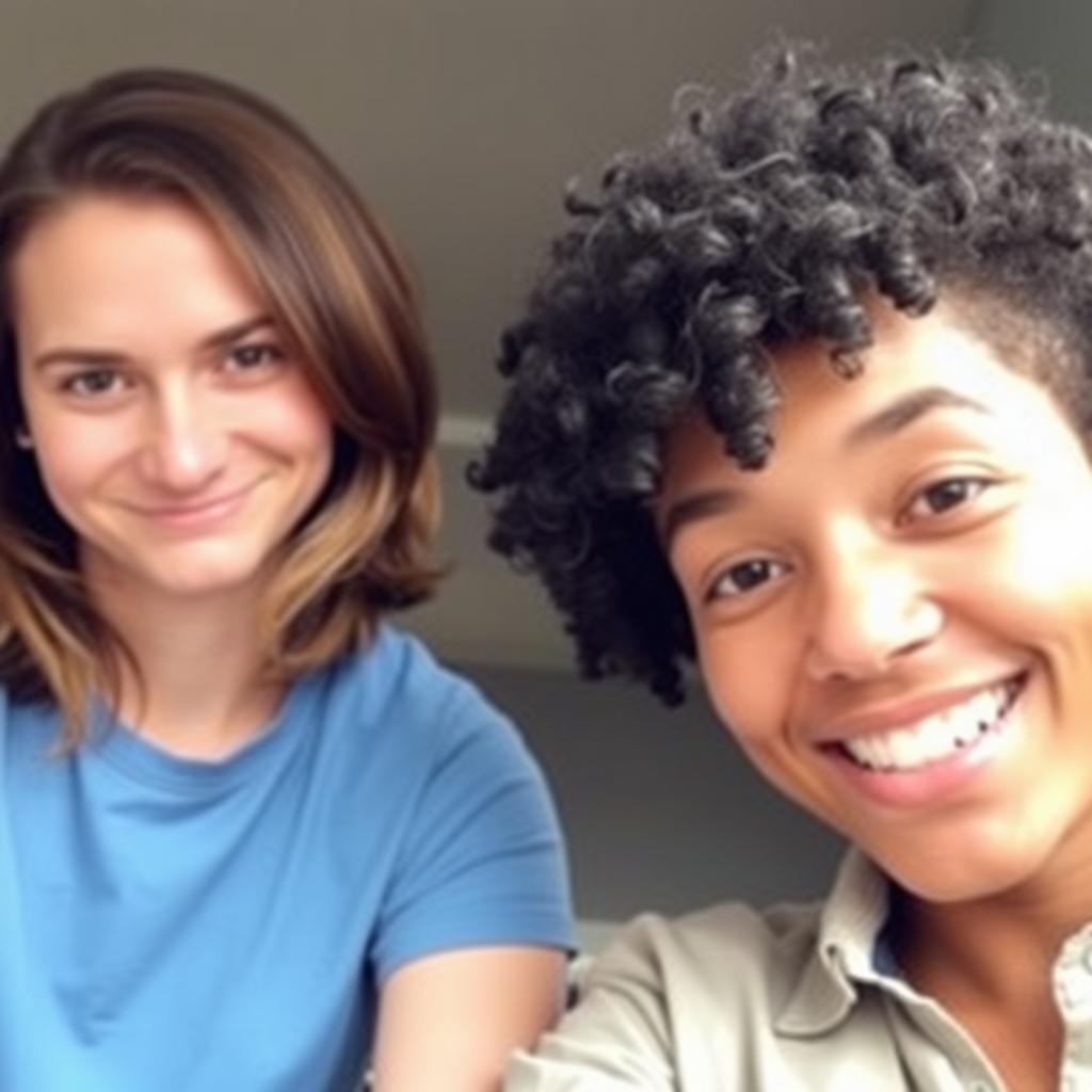 A selfie featuring two people with warm and friendly expressions, showcasing their natural faces and attire