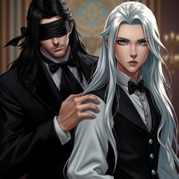 A tall and handsome butler with long black hair, his eyes covered by a black cloth, exudes an air of mystery and elegance