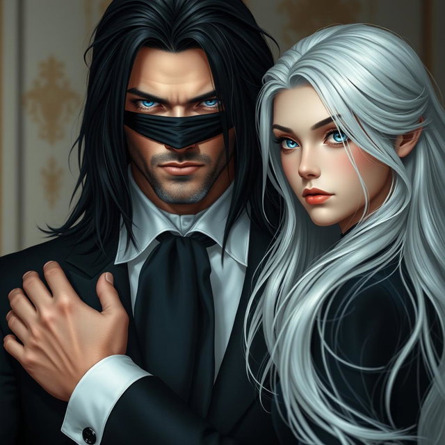 A tall and handsome butler with long black hair, his eyes covered by a black cloth, exudes an air of mystery and elegance