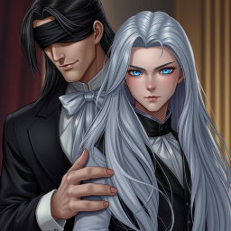 A tall and handsome butler with long black hair, his eyes covered by a black cloth, exudes an air of mystery and elegance