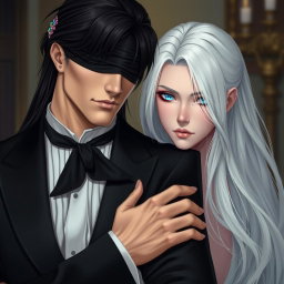 A tall and handsome butler with long black hair, his eyes covered by a black cloth, exudes an air of mystery and elegance