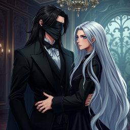A tall, handsome butler with long black hair stands confidently, his eyes covered by a sleek black cloth, creating an air of mystery
