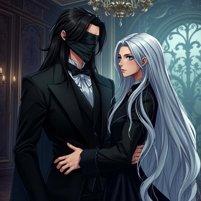 A tall, handsome butler with long black hair stands confidently, his eyes covered by a sleek black cloth, creating an air of mystery