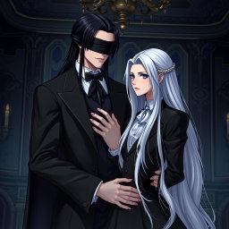 A tall, handsome butler with long black hair stands confidently, his eyes covered by a sleek black cloth, creating an air of mystery