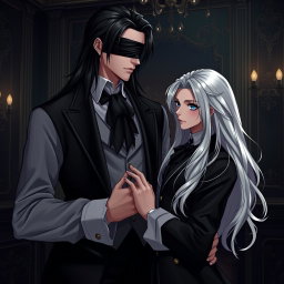 A tall, handsome butler with long black hair stands confidently, his eyes covered by a sleek black cloth, creating an air of mystery