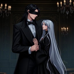 A tall, handsome butler with long black hair stands confidently, his eyes covered by a sleek black cloth, creating an air of mystery