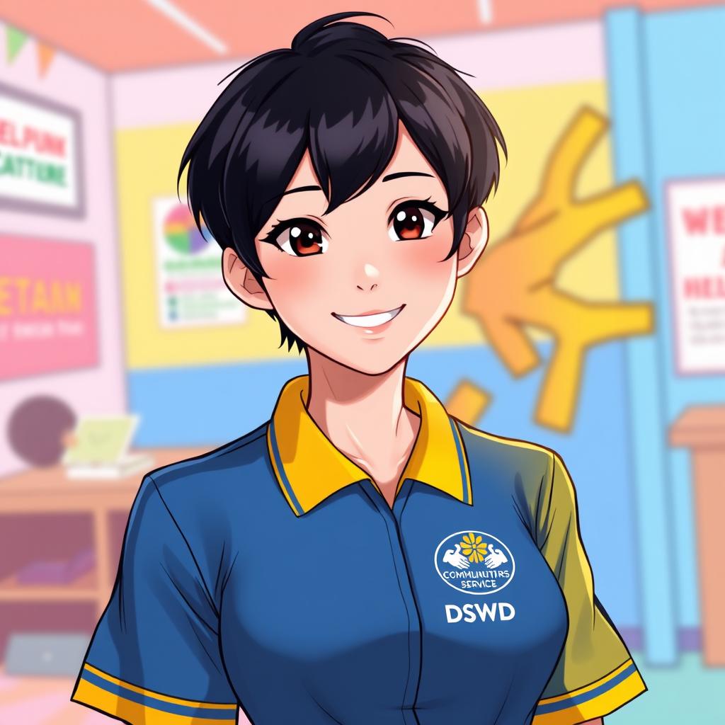 A vibrant and detailed digital illustration of a character resembling Hirono, depicted in a DSWD (Department of Social Welfare and Development) uniform