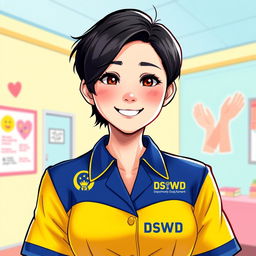 A vibrant and detailed digital illustration of a character resembling Hirono, depicted in a DSWD (Department of Social Welfare and Development) uniform