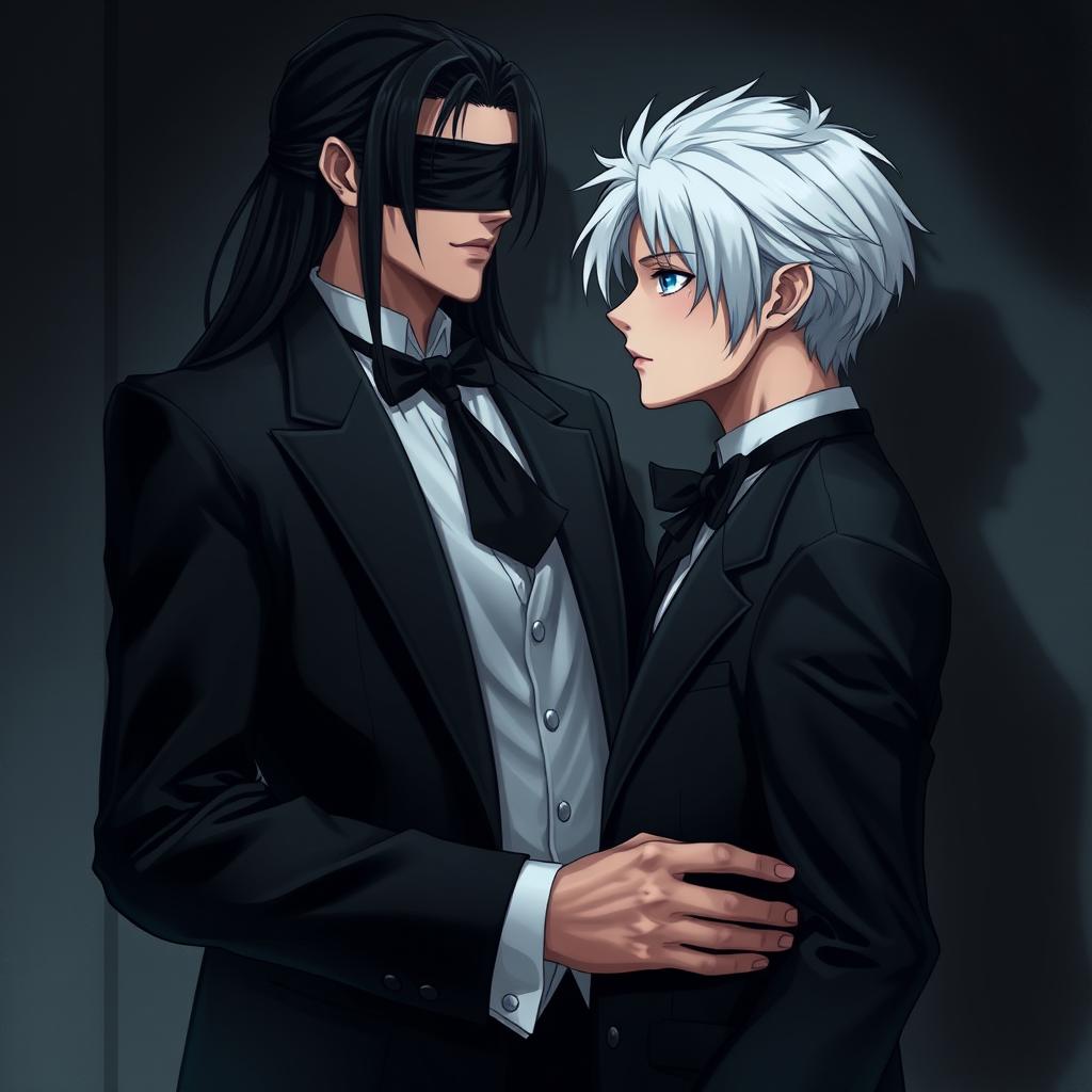 A tall, handsome butler with long black hair wearing a formal suit, his eyes covered by a black cloth, standing protectively with one hand resting on the waist of a young master