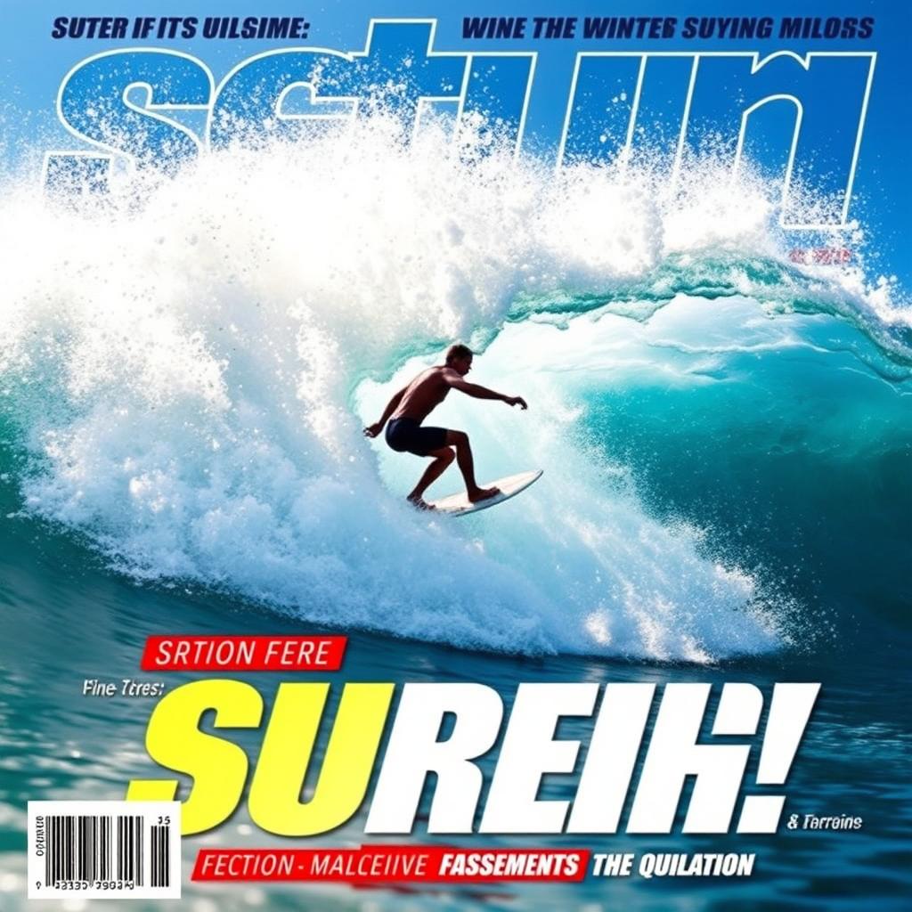 A dynamic and thrilling scene capturing a surfer riding a massive wave, showcasing their skill and adrenaline in action