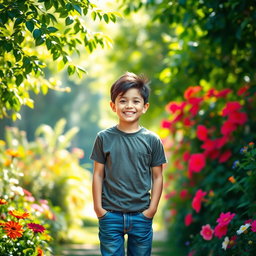 A boy standing confidently in a vibrant outdoor setting, surrounded by lush greenery and colorful flowers