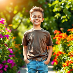A boy standing confidently in a vibrant outdoor setting, surrounded by lush greenery and colorful flowers