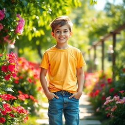 A boy standing confidently in a vibrant outdoor setting, surrounded by lush greenery and colorful flowers