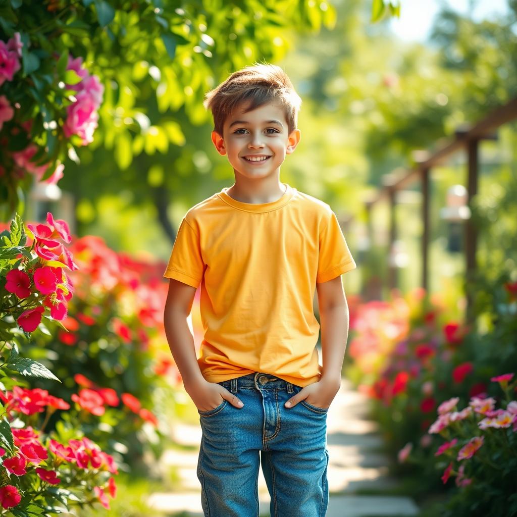 A boy standing confidently in a vibrant outdoor setting, surrounded by lush greenery and colorful flowers