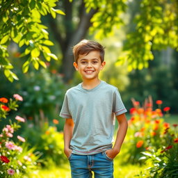 A boy standing confidently in a vibrant outdoor setting, surrounded by lush greenery and colorful flowers