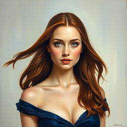 A stunning oil painting portrait of a confident young woman with long flowing auburn hair, set against a soft, hazy background