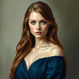 A stunning oil painting portrait of a confident young woman with long flowing auburn hair, set against a soft, hazy background