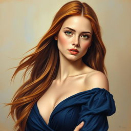A stunning oil painting portrait of a confident young woman with long flowing auburn hair, set against a soft, hazy background