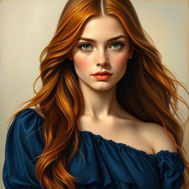 A stunning oil painting portrait of a confident young woman with long flowing auburn hair, set against a soft, hazy background