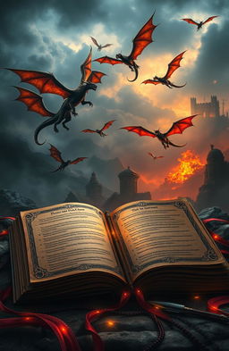 A mystical book cover depicting an enthralling scene filled with dragons soaring through a darkened sky lit by an otherworldly fire