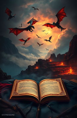 A mystical book cover depicting an enthralling scene filled with dragons soaring through a darkened sky lit by an otherworldly fire