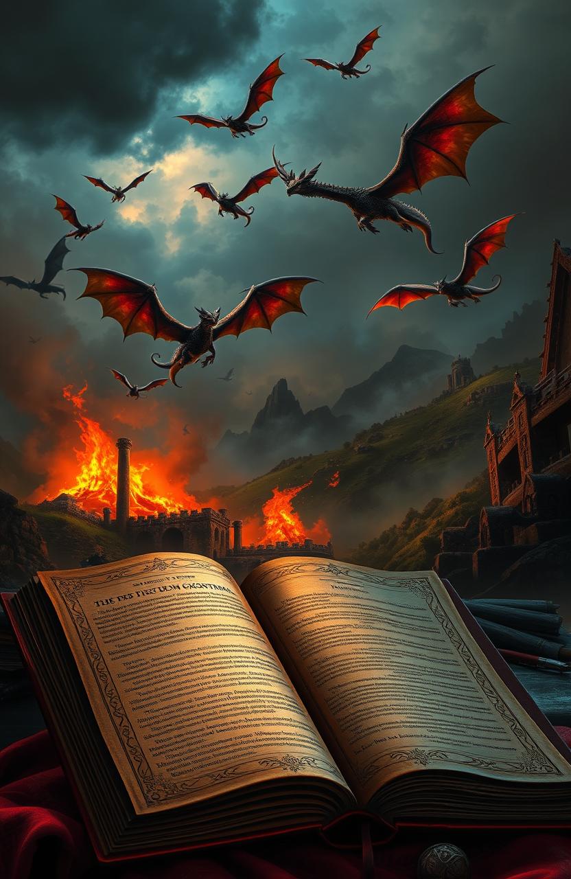 A mystical book cover depicting an enthralling scene filled with dragons soaring through a darkened sky lit by an otherworldly fire
