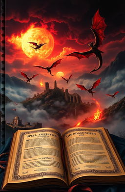 A mystical book cover depicting an enthralling scene filled with dragons soaring through a darkened sky lit by an otherworldly fire