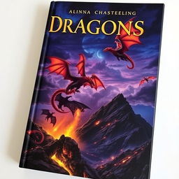 A captivating book cover featuring an enigmatic scene with majestic dragons soaring through a twilight sky illuminated by flames