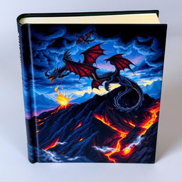 A captivating book cover featuring an enigmatic scene with majestic dragons soaring through a twilight sky illuminated by flames