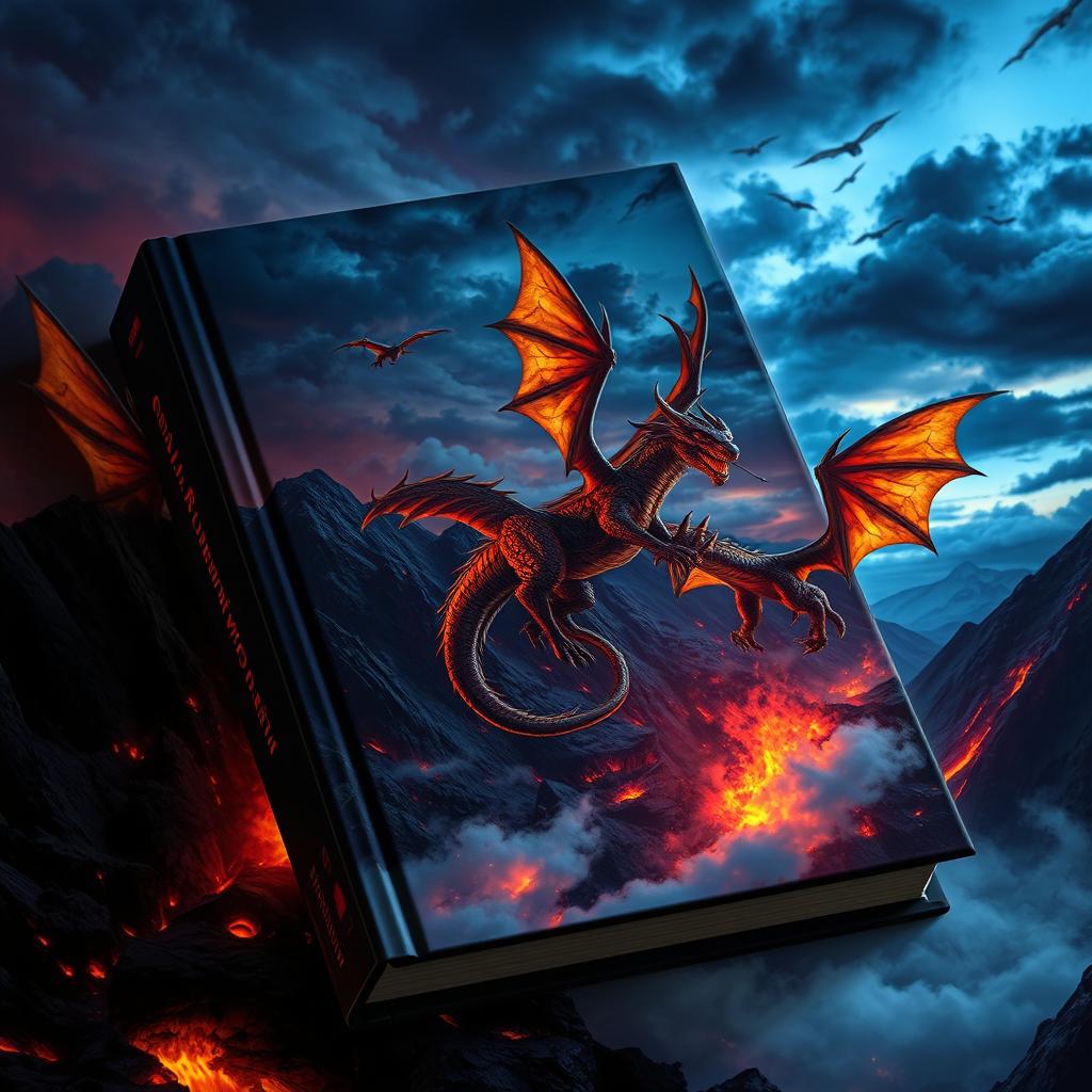 A captivating book cover featuring an enigmatic scene with majestic dragons soaring through a twilight sky illuminated by flames