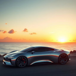 A sleek, futuristic car with a shiny chrome exterior, aerodynamic design, tinted windows, and LED headlights