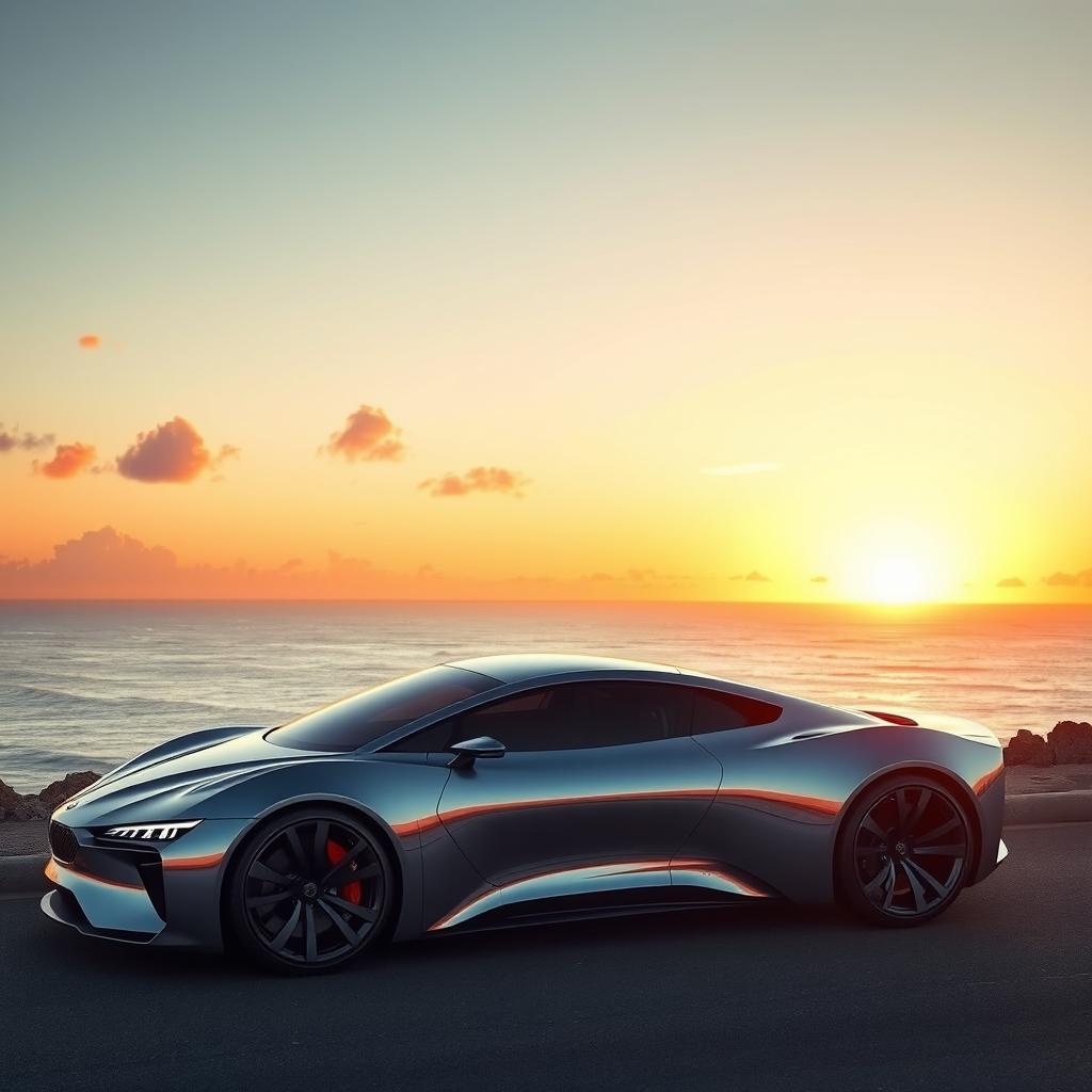 A sleek, futuristic car with a shiny chrome exterior, aerodynamic design, tinted windows, and LED headlights