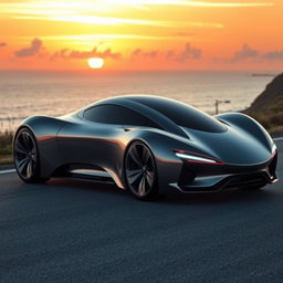 A sleek, futuristic car with a shiny chrome exterior, aerodynamic design, tinted windows, and LED headlights