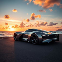 A sleek, futuristic car with a shiny chrome exterior, aerodynamic design, tinted windows, and LED headlights