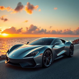 A sleek, futuristic car with a shiny chrome exterior, aerodynamic design, tinted windows, and LED headlights