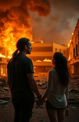 A dramatic scene featuring a man with long hair tied in a low ponytail, wearing casual attire, holding a woman's hand