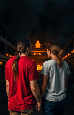 A dramatic scene featuring a man with long hair tied in a low ponytail, wearing casual attire, holding a woman's hand