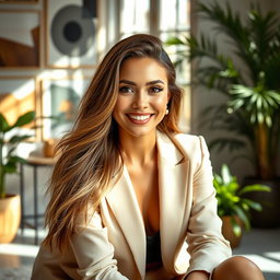 A stunning portrait of a beautiful, confident woman with long flowing hair, sitting in an elegantly decorated room filled with sunlight, wearing a chic, modern outfit and a warm smile on her face