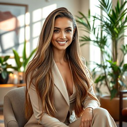 A stunning portrait of a beautiful, confident woman with long flowing hair, sitting in an elegantly decorated room filled with sunlight, wearing a chic, modern outfit and a warm smile on her face
