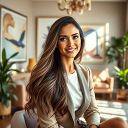 A stunning portrait of a beautiful, confident woman with long flowing hair, sitting in an elegantly decorated room filled with sunlight, wearing a chic, modern outfit and a warm smile on her face